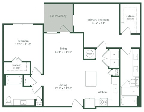 Floor plan for 2 beds, 2 baths, 1210 sqft